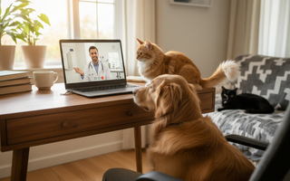 Online veterinarian consultation with dog and cat during video call