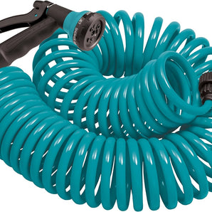 Orbit Coiled Garden Hose w/ 6 Pattern Spray Nozzle Brass Connections 50 ft Blue