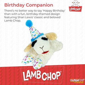 Multipet Lamb Chop with Birthday Hat Dog Toy, Blue 10.5" Interactive Fun