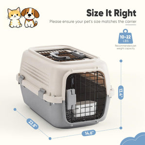 Sided Pet Carrier For Small Dogs & Cats, Airline Approved Travel Crate With Enhanced Security Latches, Front & Top Load Wire Door, Food Bowl For Traveling, Hiking, Camping