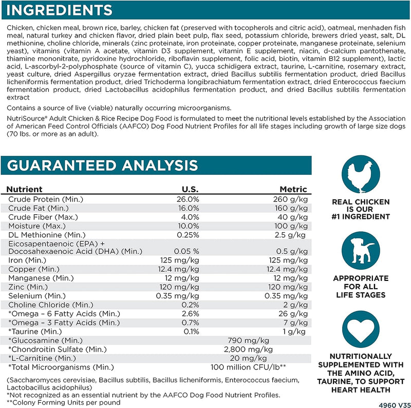 NutriSource Chicken and Rice Recipe Adult Dry Dog Food, 15LB