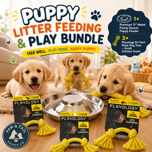 Puppy Litter Feeding & Play Bundle – 11" Flying Saucer Feeder + 3 Playology Rope Toys