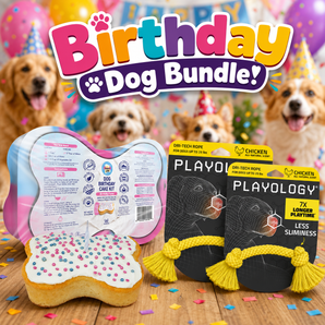 Birthday Cake Celebration Kit & 2 Playology Small Chicken Scent Rope Toys Dog Bundle