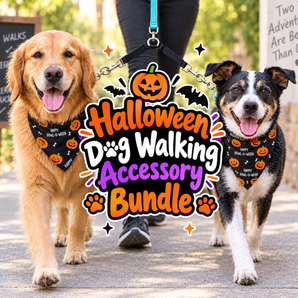 Halloween Walking Bundle for Two Small Dogs with 2 Aria Howl-O-Ween Bandanas and Guardian Gear 4-Inch Coupler