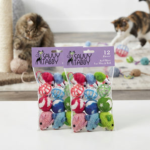 Savvy Tabby Cat Toy 24-Piece Variety Pack Knit Mice Fur Mice & Balls 2-Pack