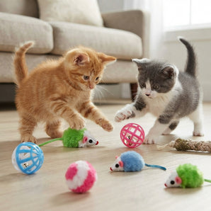 Savvy Tabby Cat Toy 12-Piece Variety Pack Knit Mice Fur Mice & Balls