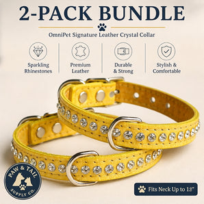 OmniPet Leather Crystal Dog Collar Rhinestone USA Made Yellow 12" 2-Pack