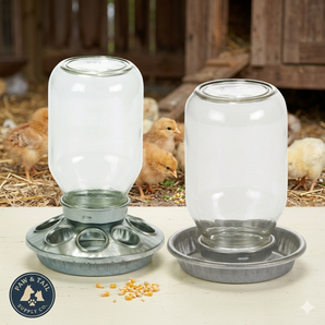 Mason Jar Baby Chick Feeder & Waterer Set - Galvanized Base with Glass Jar Bundle