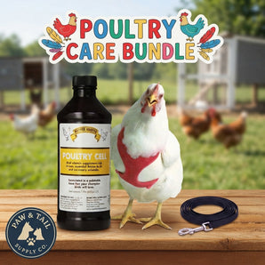 Large Poultry Care Bundle Original Valhoma Red Chicken Harness & 6-Foot Leash with Rooster Booster Poultry Cell 16 oz.