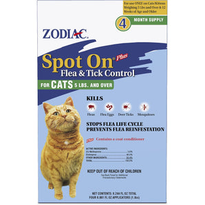 Zodiac Spot On Plus Flea & Tick Control for Cats 5lbs and Over 4 Month Supply