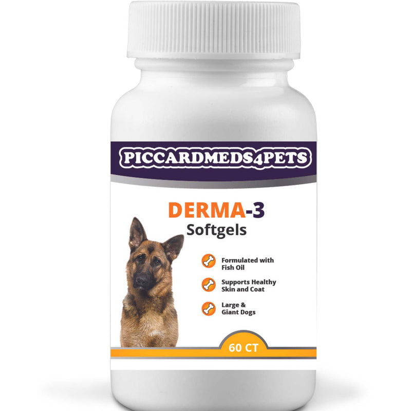 PiccardMeds4Pets Derma-3 Omega-3's & Vitamin Supplements Large and Giant Dogs Soft Gels Caps 60 CT Piccardmeds4pets.com