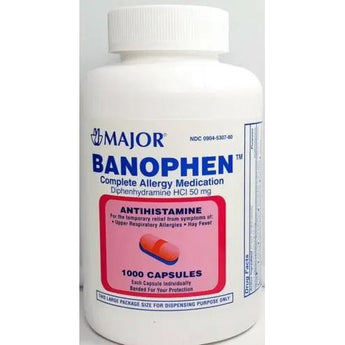 Banophen Diphenhydramine HCL 25 or 50 mg Generic Benadryl 100 or 1000 Caps Major