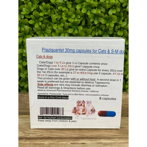 Tapeworms Remover 30mg For Cats & Dogs Each Capsule Treats 20lbs Advanced Pharmaceutical